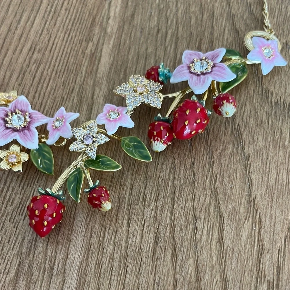 Anthropologie Pink, Red & Green Strawberry Floral Necklace - Picture 4 of 10